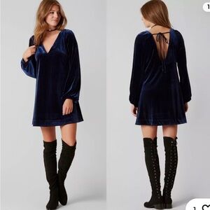 Free People Deep Blue Velvet Long Sleeve Dress